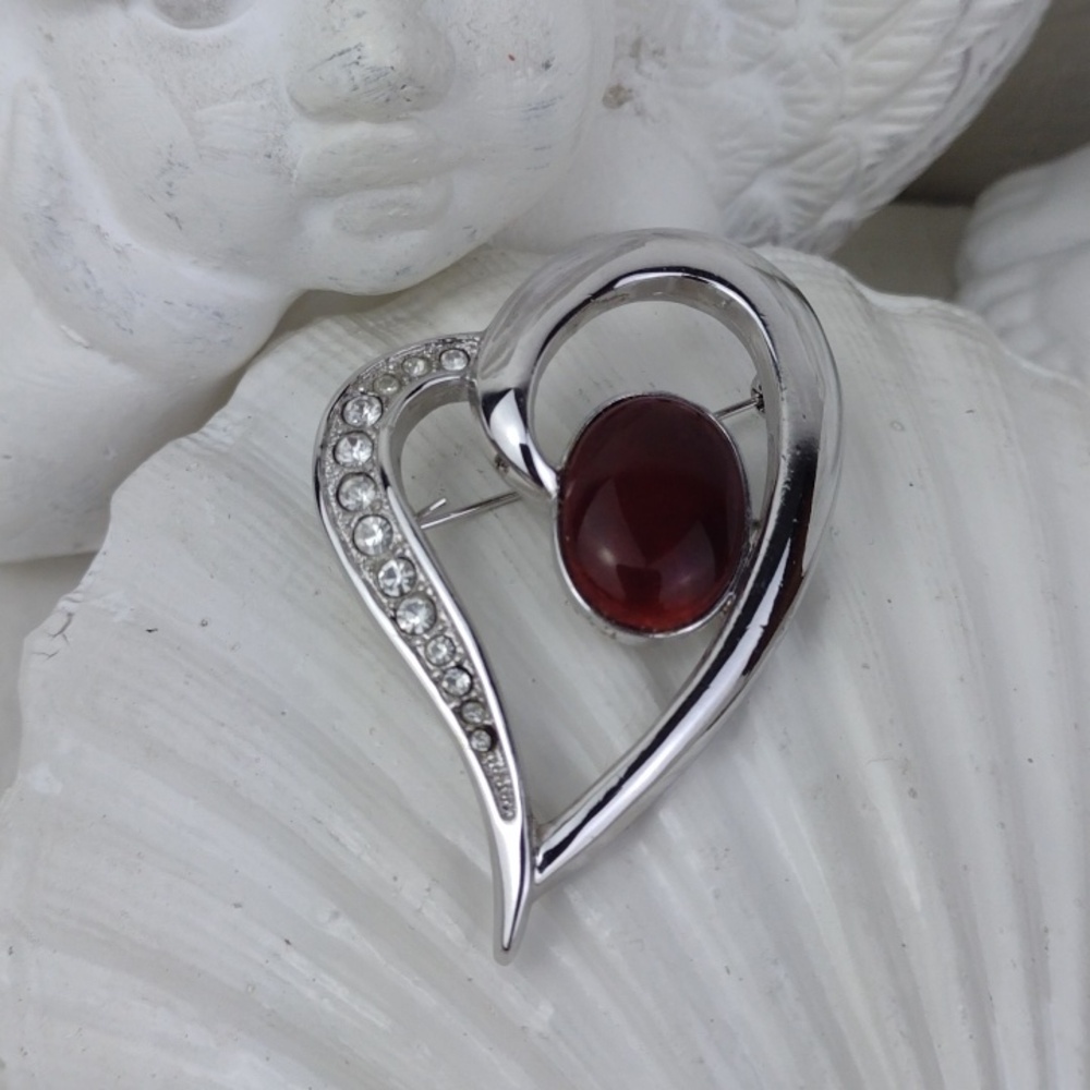 Silver Heart Pin Brooch with Red Cabochon and Clear Crystals